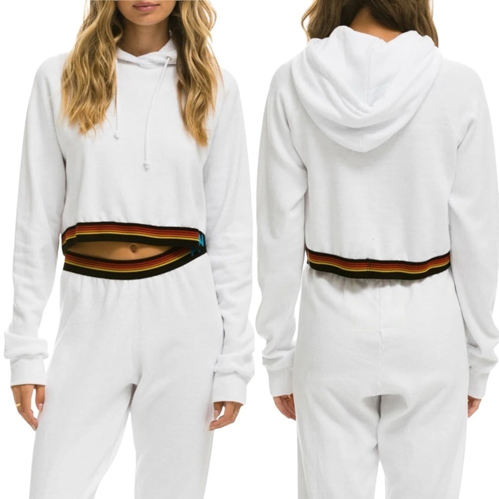AVIATOR NATION Logo Stripe‎ Crop Pullover Hoodie Sweatshirt